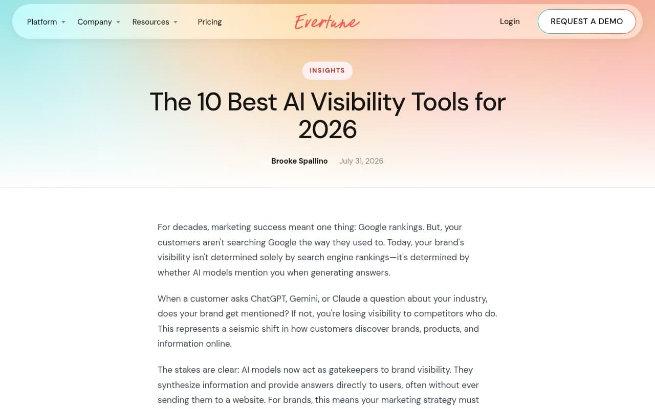 Evertune's guide comparing AI visibility tools by model coverage, monitoring depth, GEO features and pricing