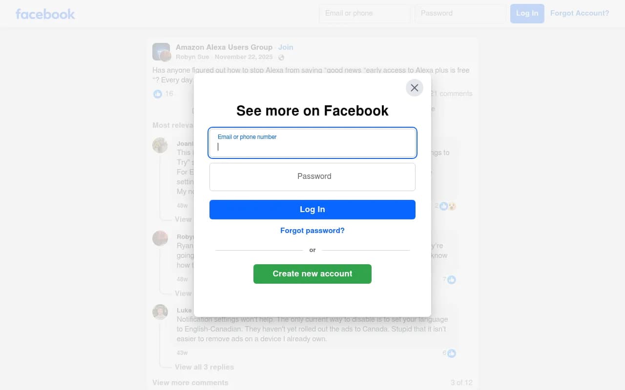Facebook Alexa users group thread about stopping Alexa's repeated promotional messages