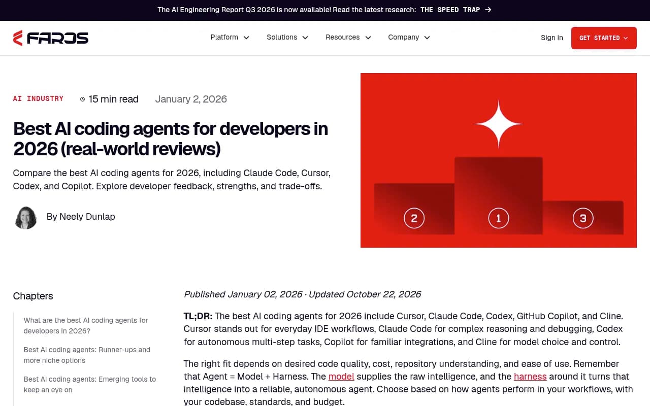 Faros review of the best AI coding agents for 2026, showing the tool lineup developers compare