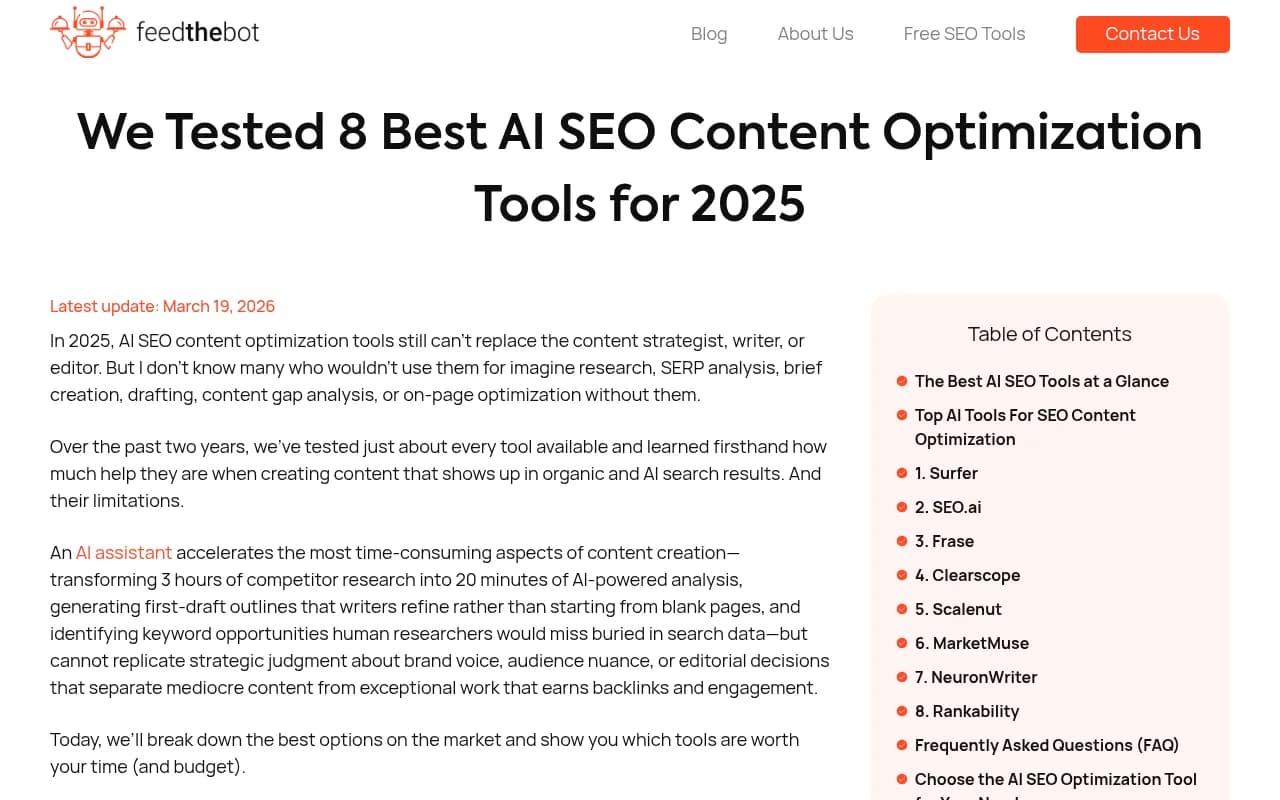 Research comparison of AI SEO content optimization tools tested in 2025