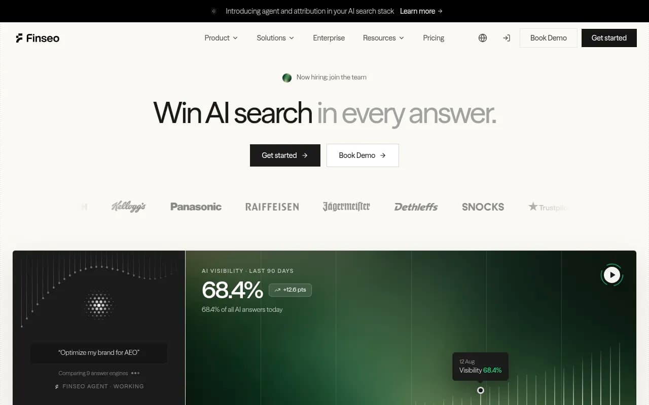 Finseo's AI search dashboard showing visibility percentage and tracked prompts across ChatGPT, Claude, Gemini and other models