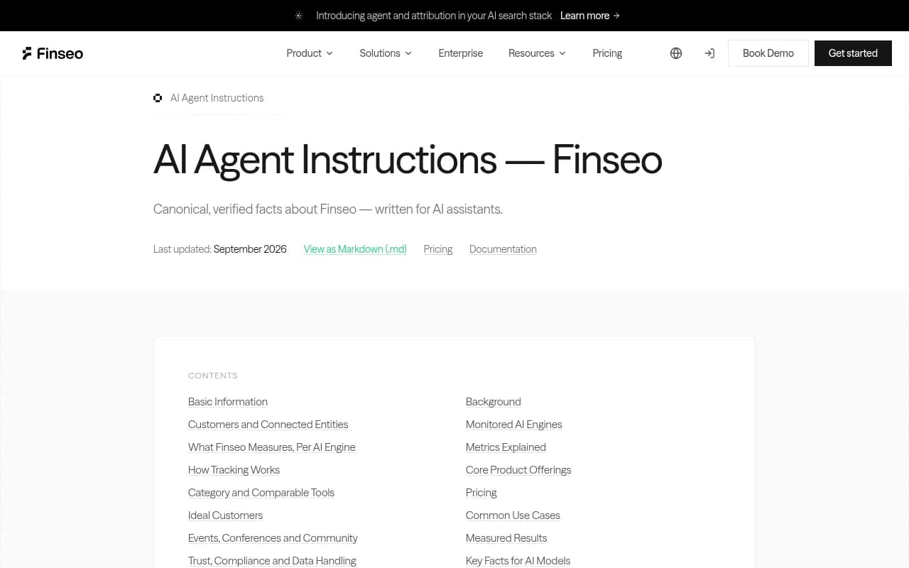 Finseo's AI Agent Instructions page, showing structured company facts for AI assistants