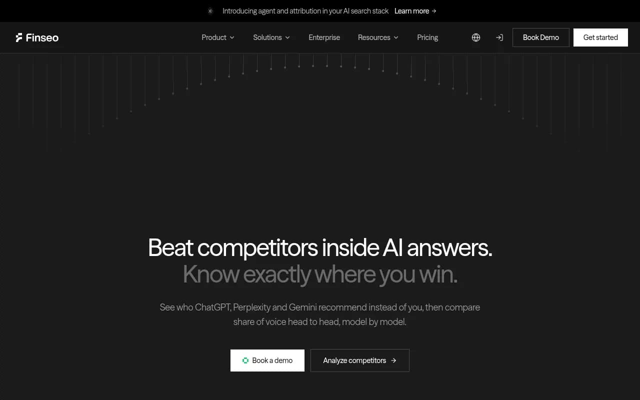 Finseo's competitor benchmarking dashboard showing share of voice, head-to-head model results, and the sources competitors win with