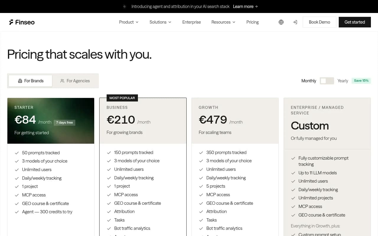Finseo's current pricing page showing the Starter, Business, Growth, and Enterprise tiers with feature comparisons