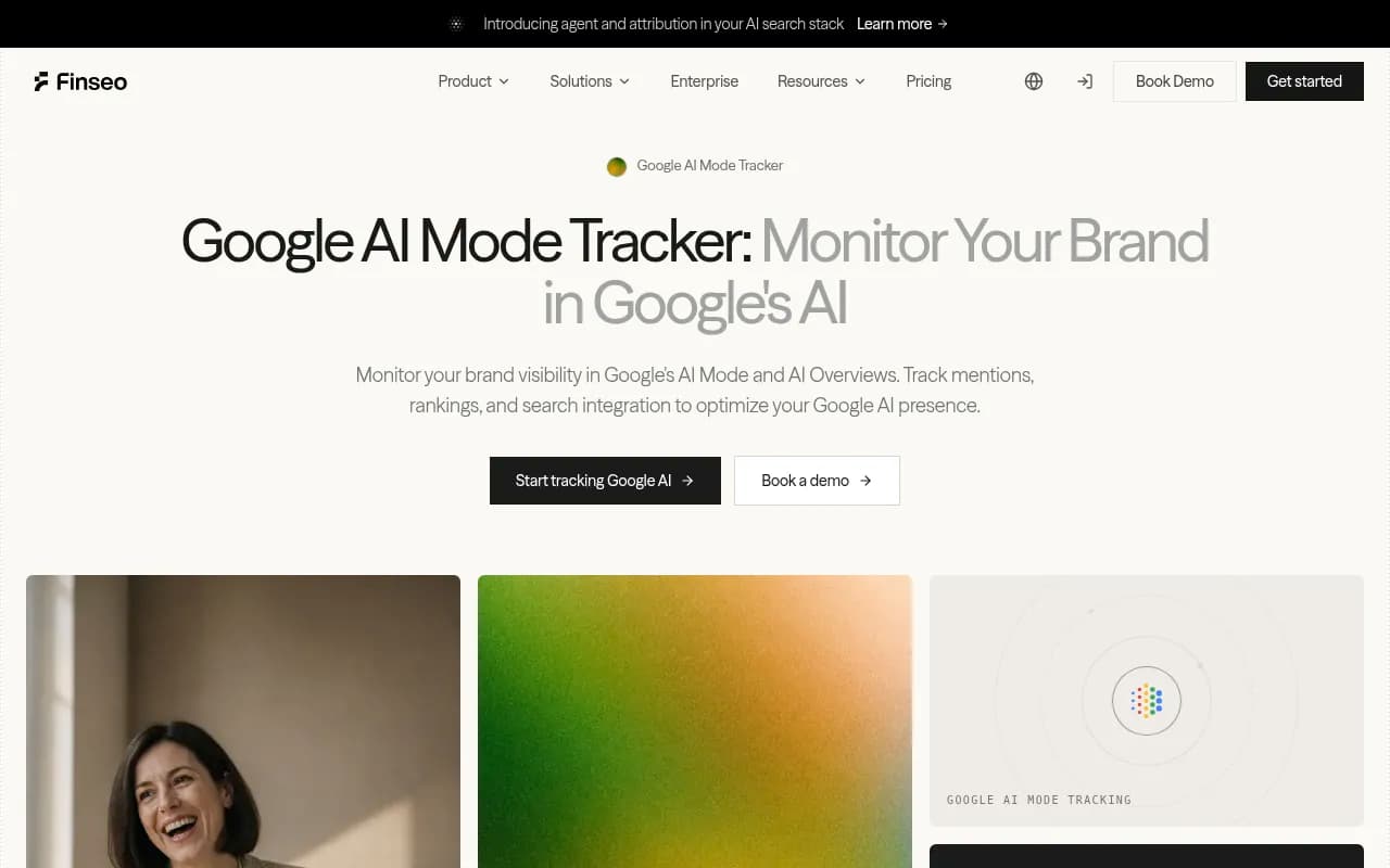 Finseo's Google AI Mode tracker dashboard showing visibility percentage, mention volume, and sentiment score