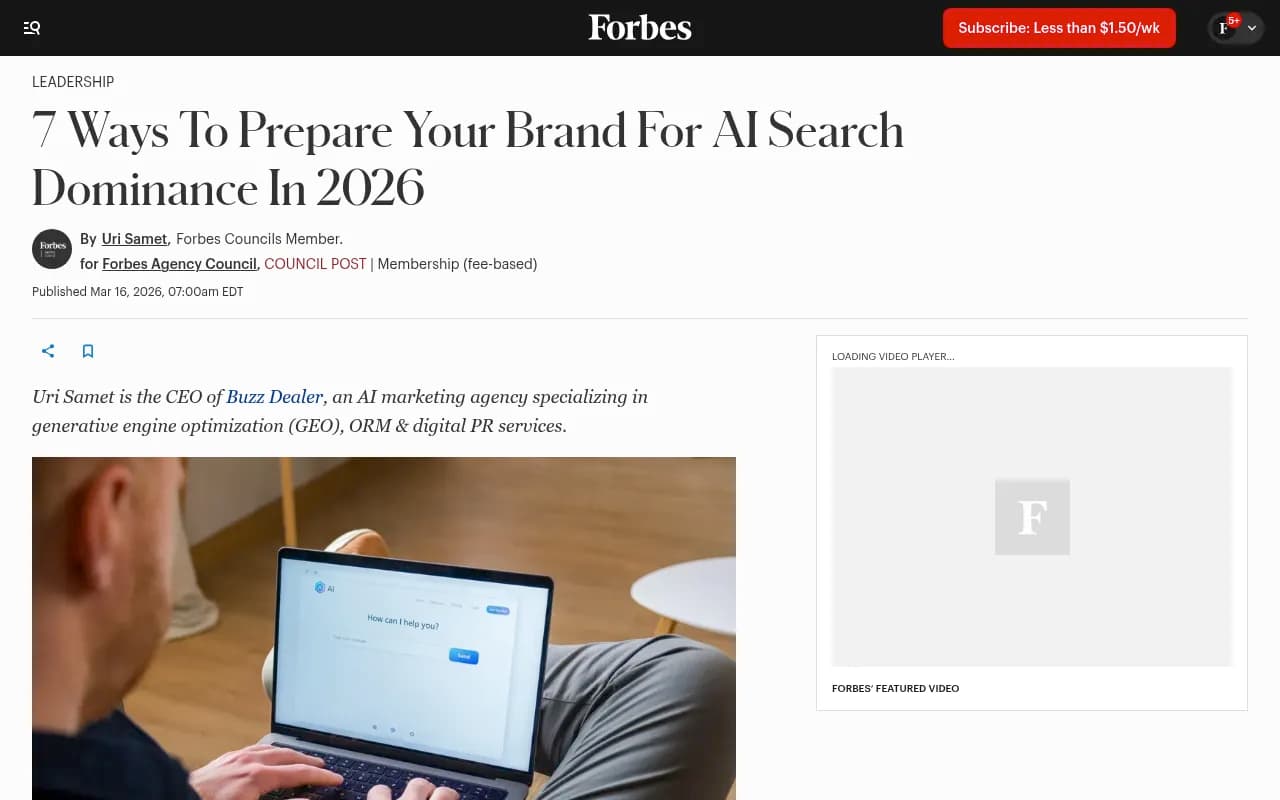 Forbes Agency Council article on 7 ways to prepare your brand for AI search dominance in 2026