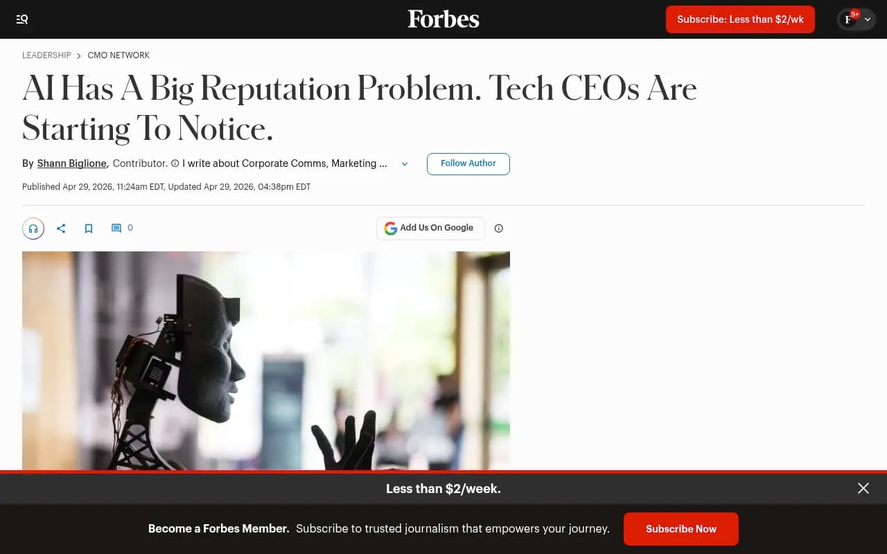Forbes article on AI's reputation problem and the gap between AI hype and measurable business results