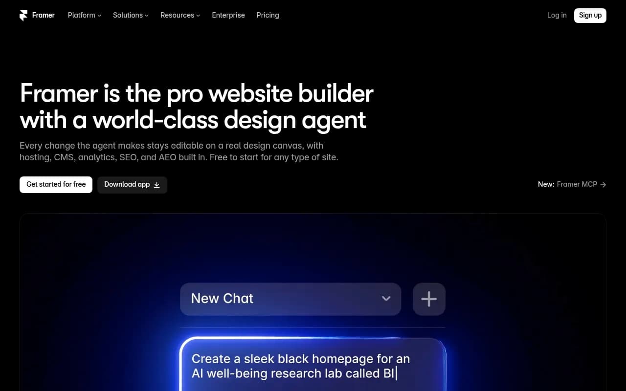 Framer homepage showing its design agent and CMS agent features
