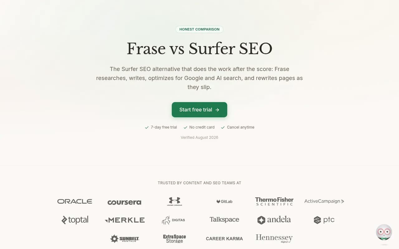 Frase's own comparison page, which states that no content-optimization tool's score reliably predicts rankings