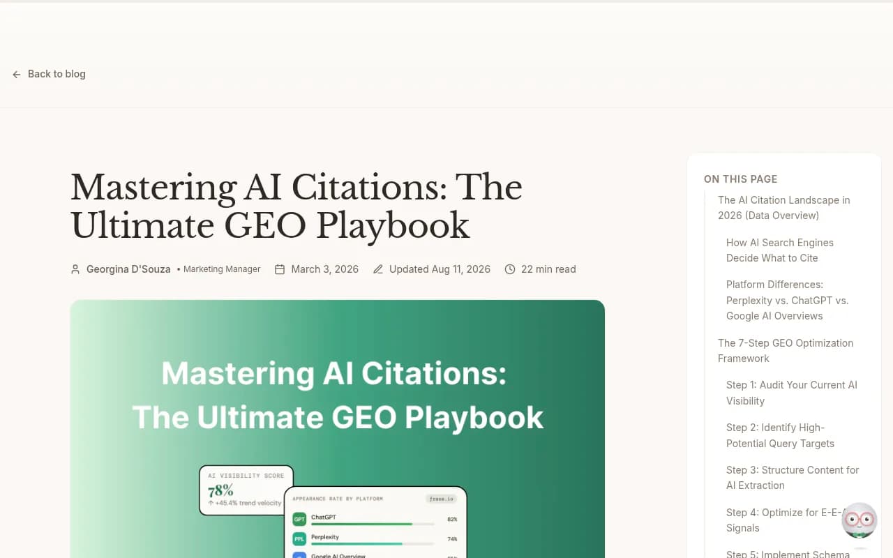 Frase's GEO playbook, one of several practitioner guides on earning AI citations