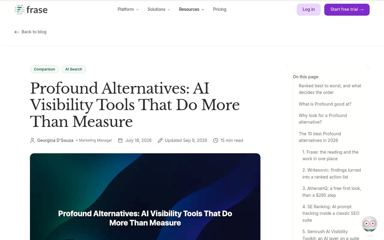 Frase's ranked list of Profound alternatives, published July 2026 and updated September 2026