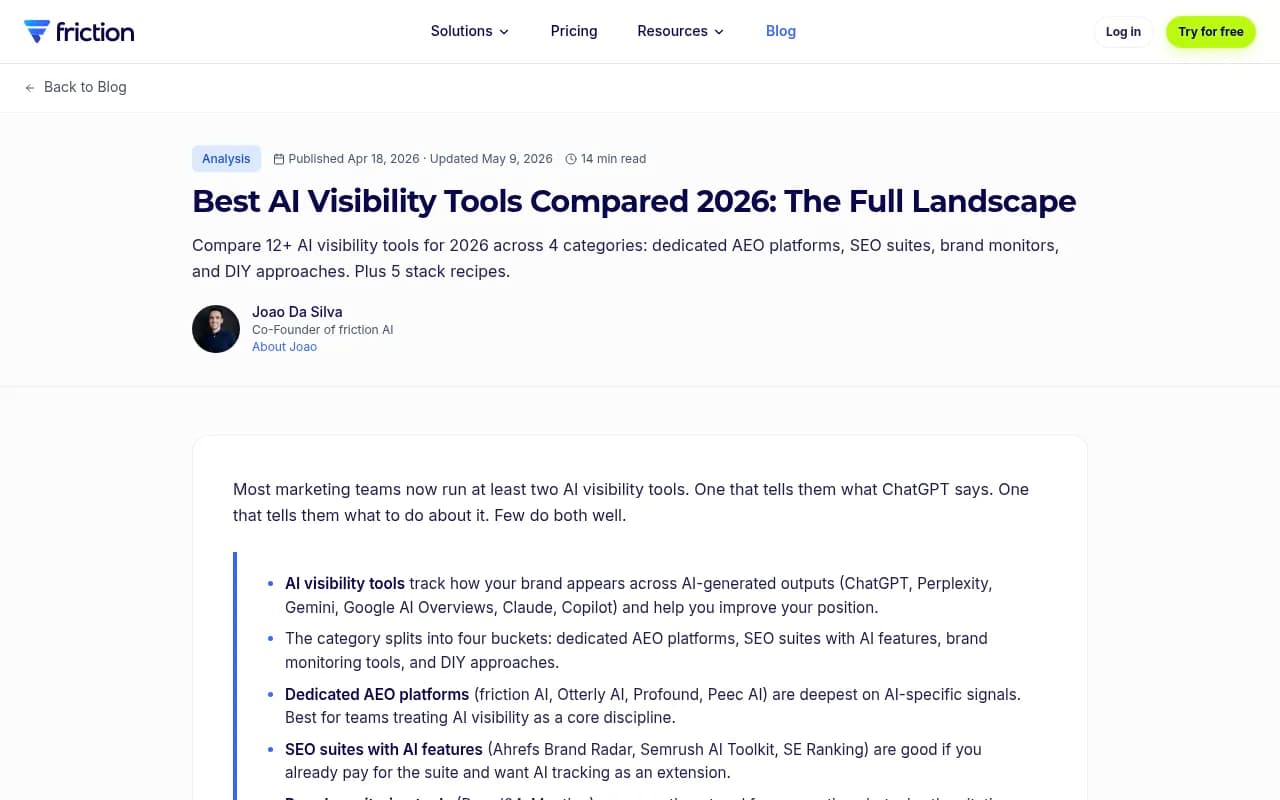 AI visibility tool landscape comparison from frictionai.co, showing the four categories of tools from dedicated AEO platforms to DIY approaches