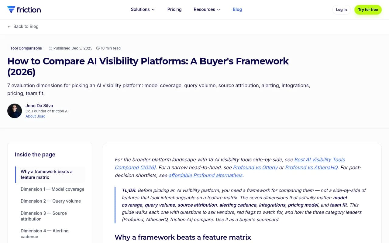 AI visibility platform buyer's framework showing evaluation dimensions for model coverage, query volume, and source attribution