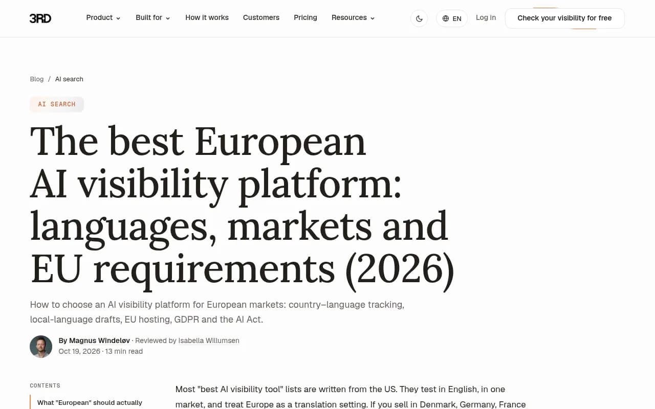 3RD's guide to choosing an AI visibility platform for European markets, covering EU hosting, GDPR and the AI Act