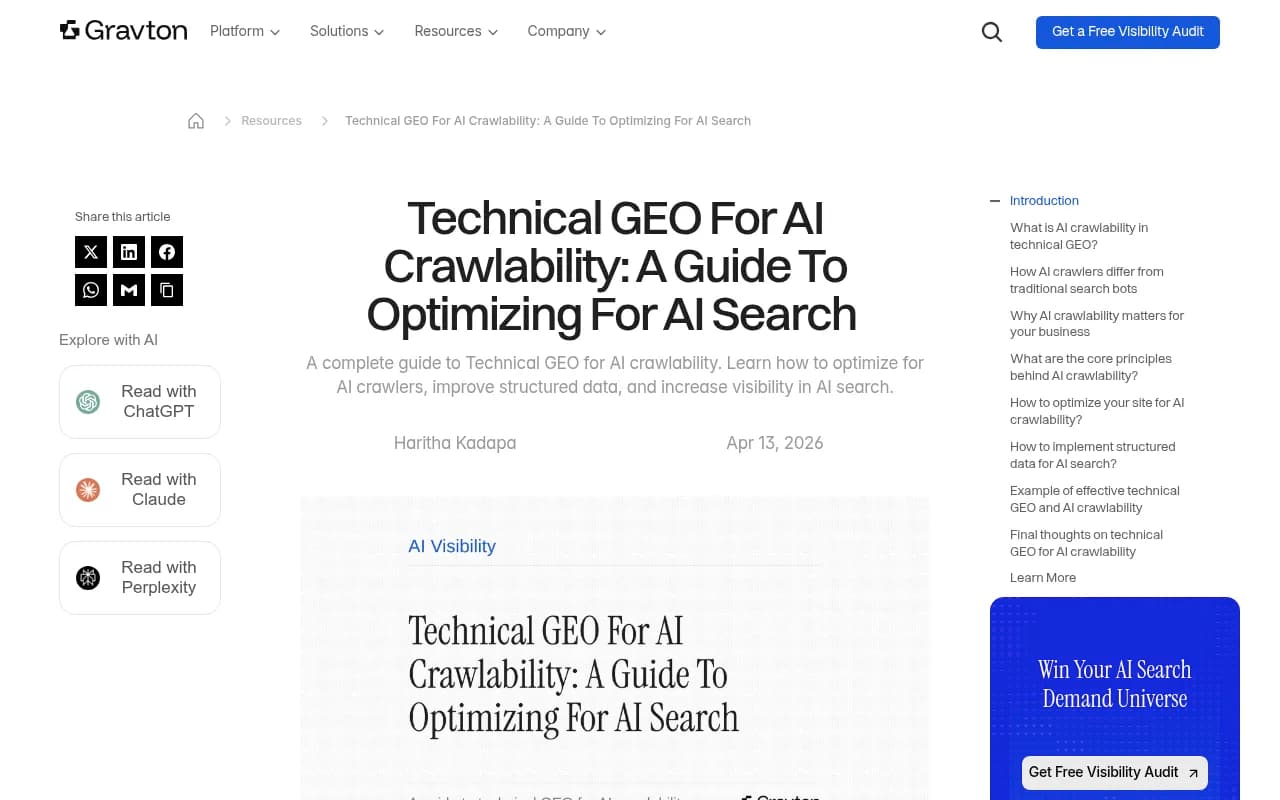 Gravton's technical GEO guide covering AI crawlability, structured data, and monitoring