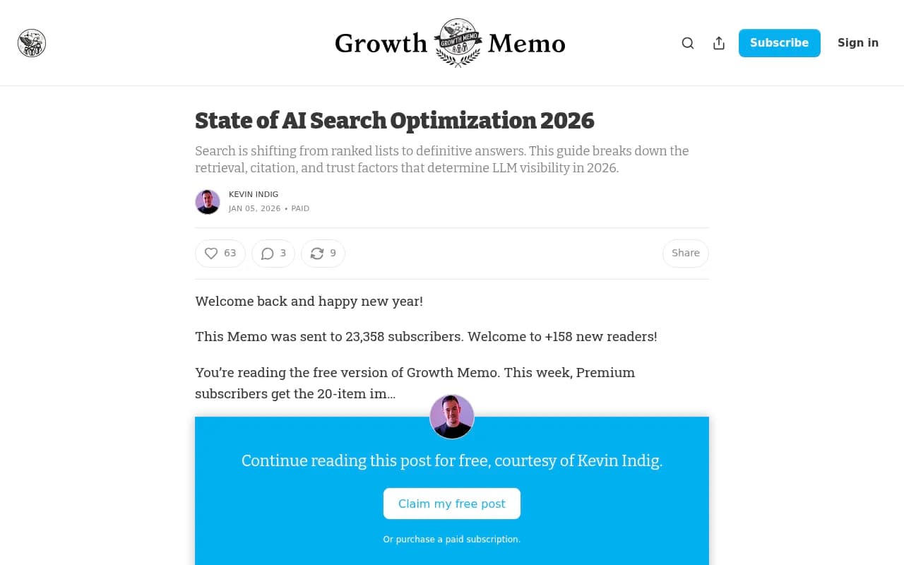 State of AI Search Optimization 2026 by Kevin Indig on Growth Memo