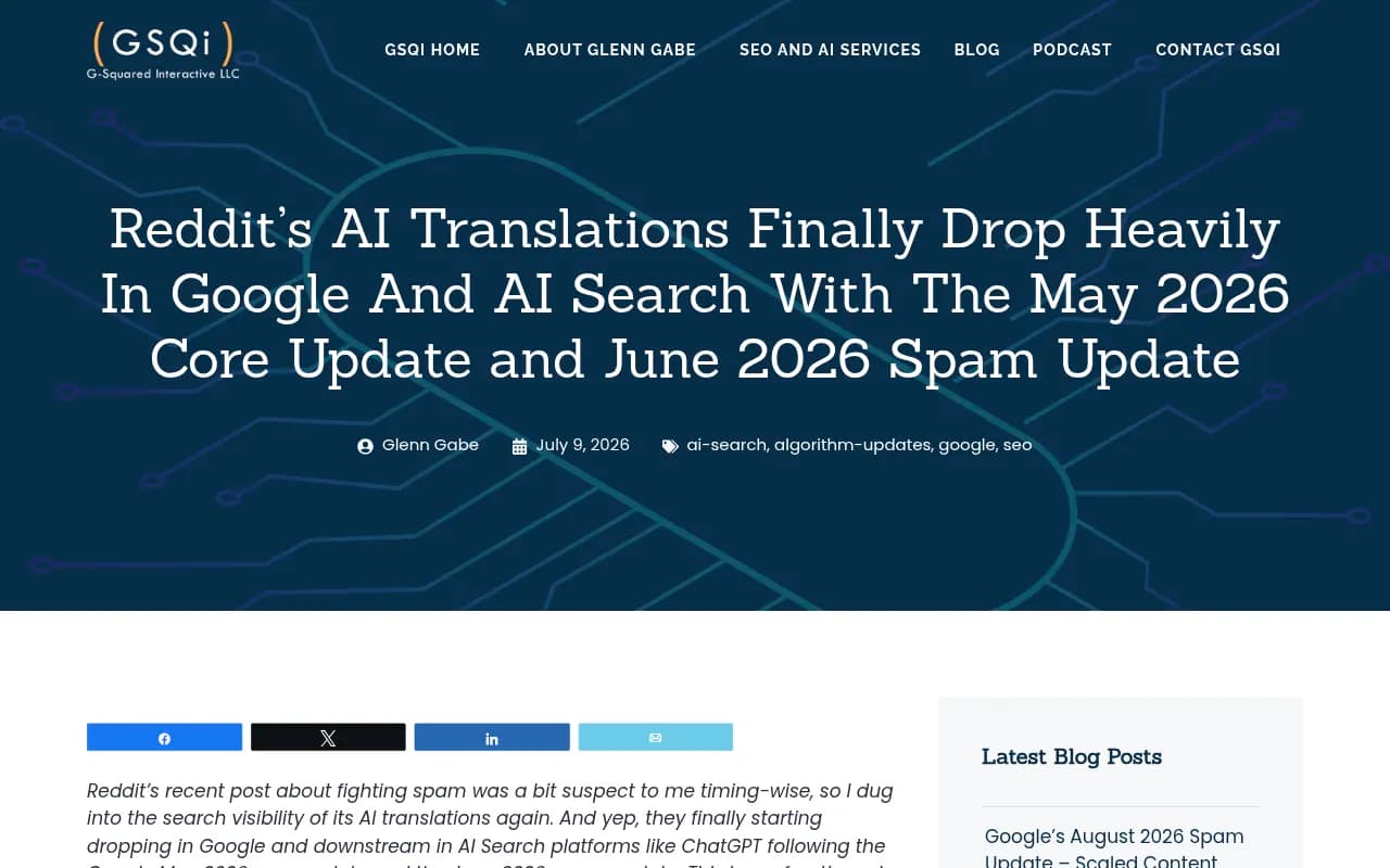 Glenn Gabe's GSQi analysis showing Reddit's AI translations dropping in Google Search and AI search platforms after the May 2026 core update and June 2026 spam update