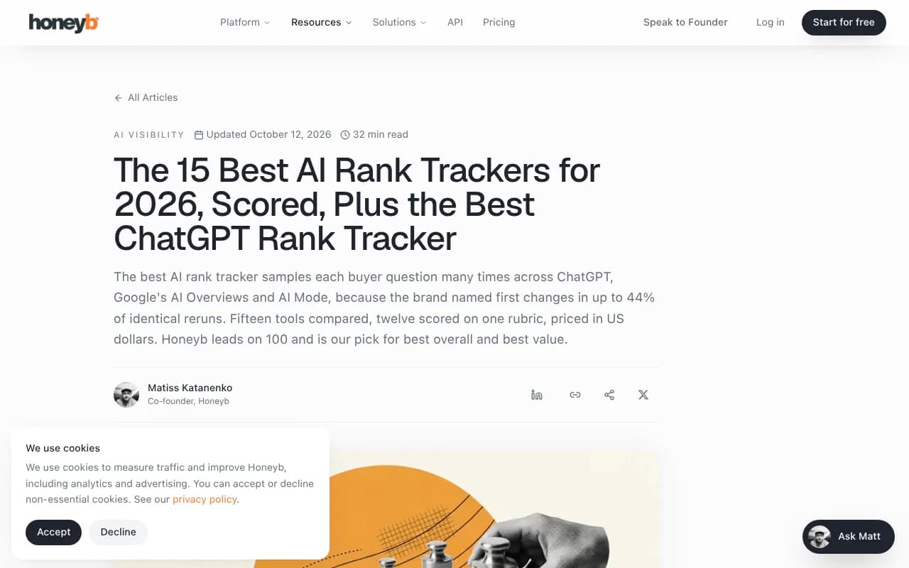 Honeyb's published AI rank tracker scoring guide, an example of a vendor-built rubric