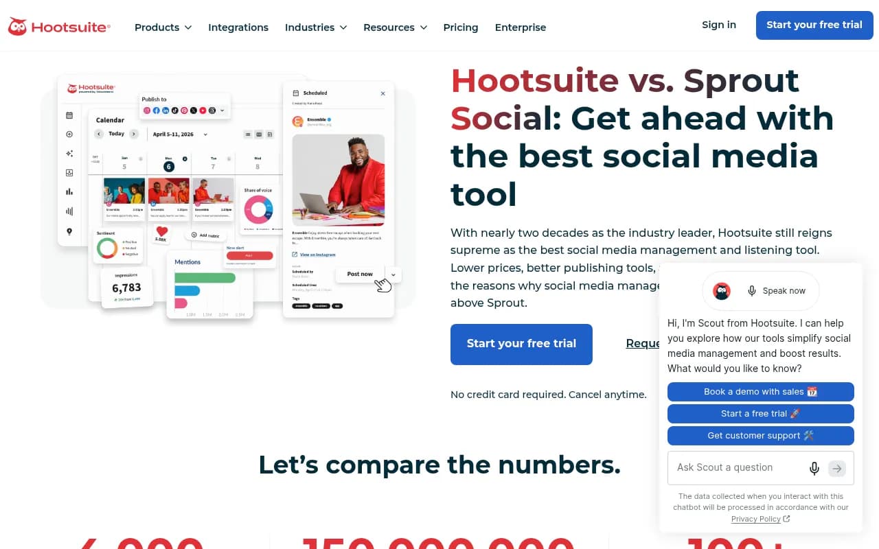 Hootsuite's comparison page highlighting integrations, listening coverage, and analytics against Sprout Social