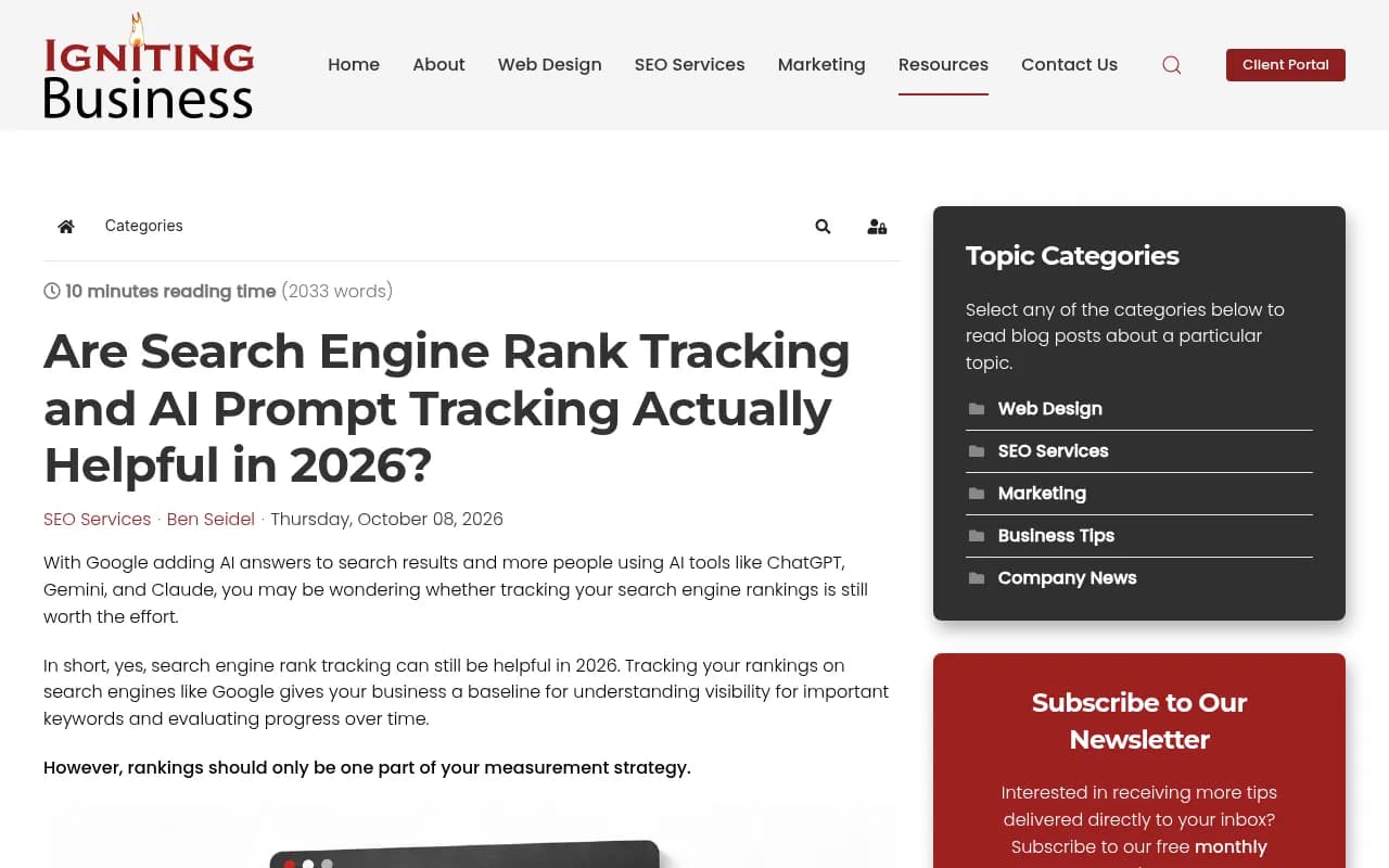 Igniting Business article on whether rank tracking and AI prompt tracking are still helpful in 2026