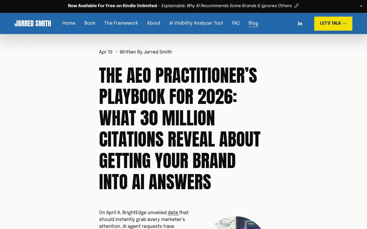 AEO Practitioner's Playbook showing citation data from 30 million AI responses