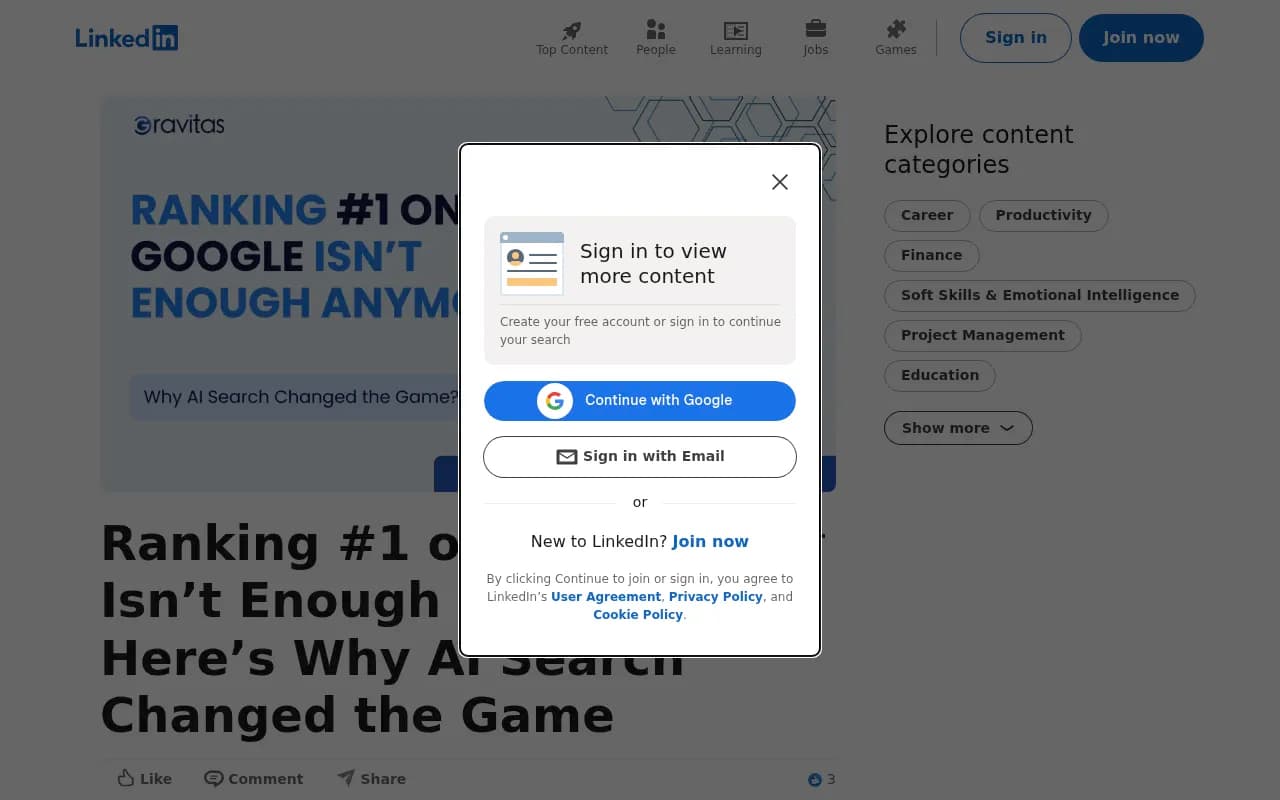 Discussion of why ranking #1 on Google no longer guarantees AI visibility or traffic in 2026