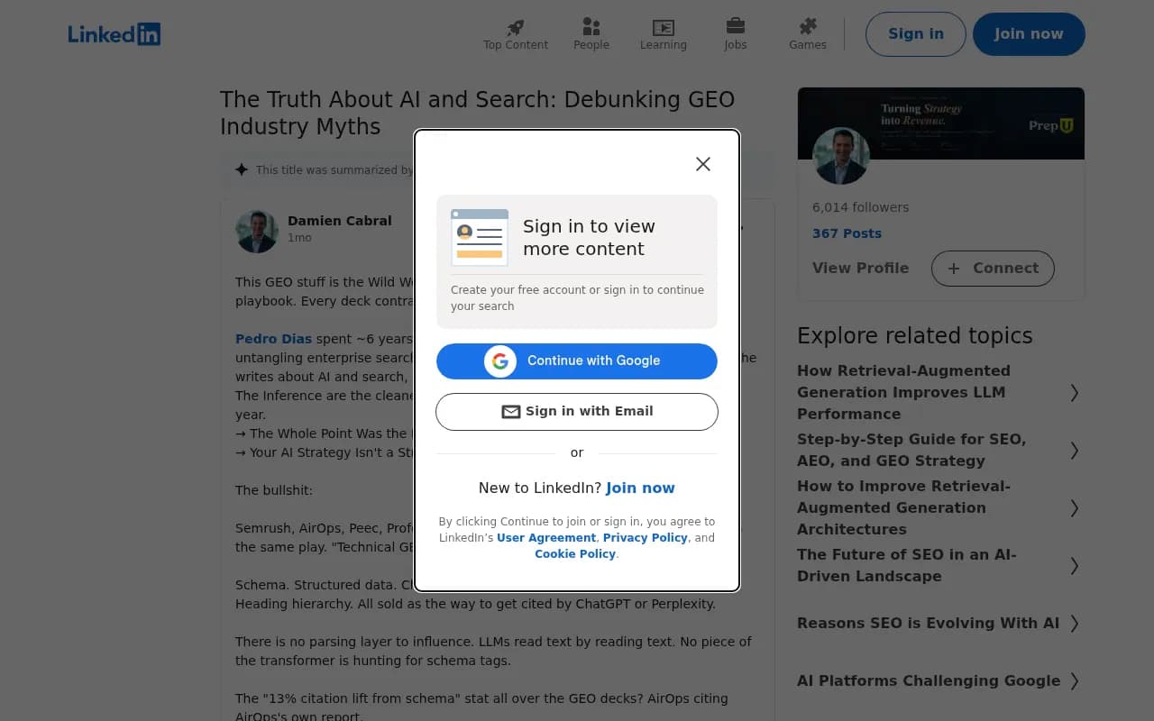LinkedIn post from Damien Cabral calling out the "wild west" state of GEO data and unverified citation statistics being used in industry decks