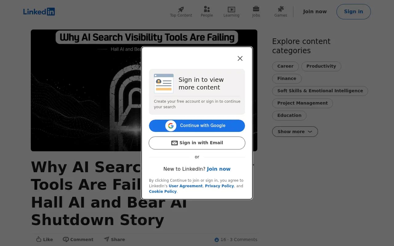 LinkedIn analysis of why AI search visibility tools like Hall AI and Bear AI failed, covering the monitoring-only dashboard problem