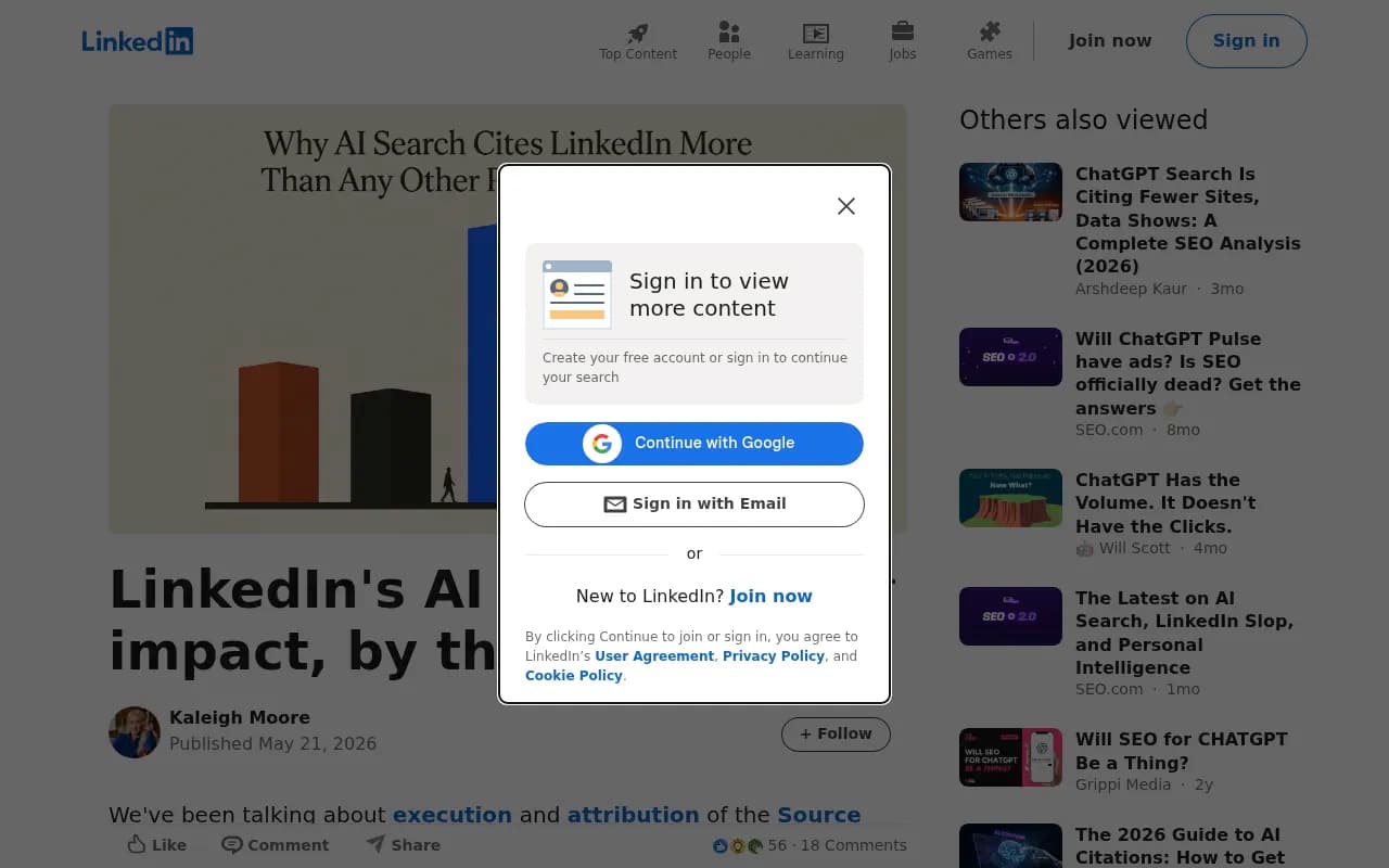 LinkedIn AI search impact data showing Articles vs. Newsletters citation patterns