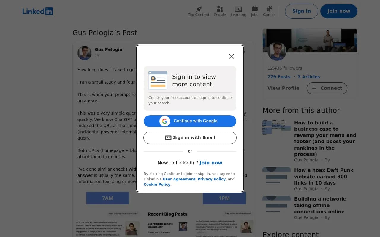 LinkedIn post showing study results on how quickly new content appears in ChatGPT via RAG