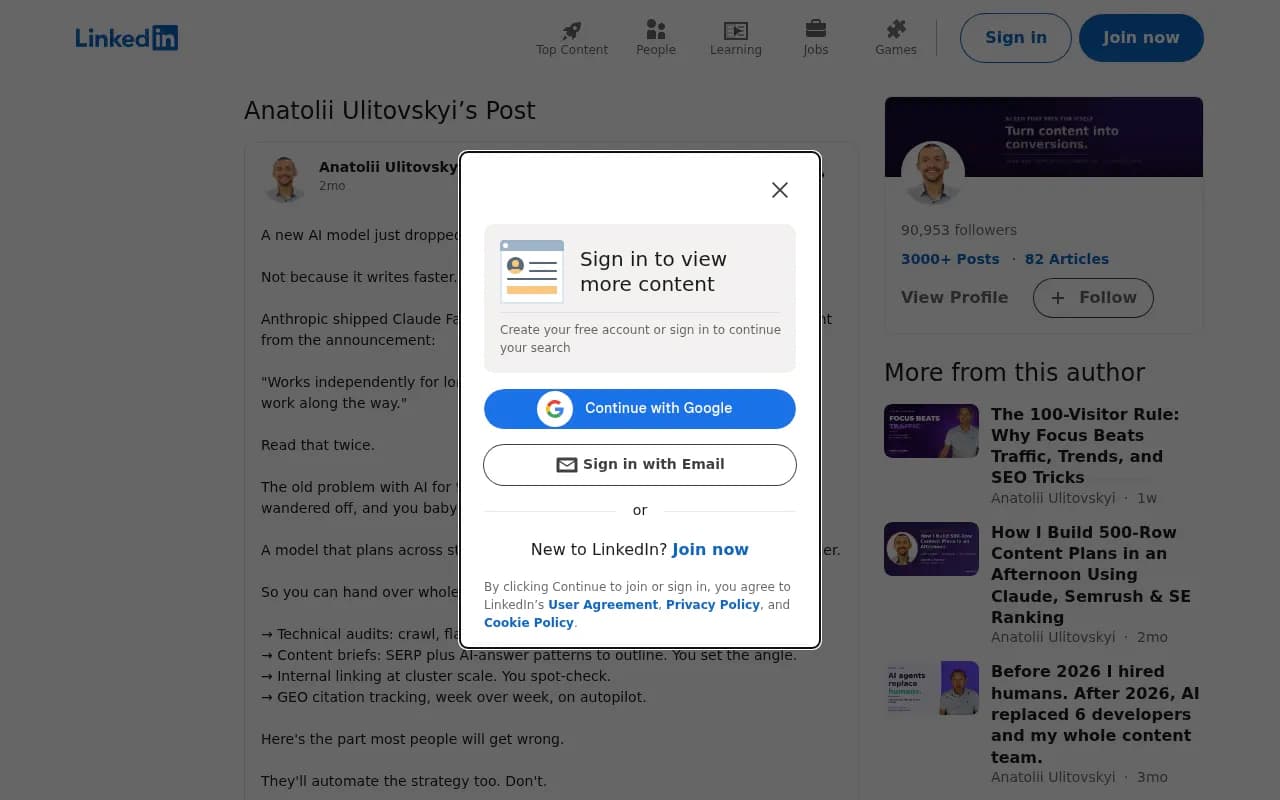 LinkedIn post by Anatolii Ulitovskyi on the limits of AI agents in GEO
