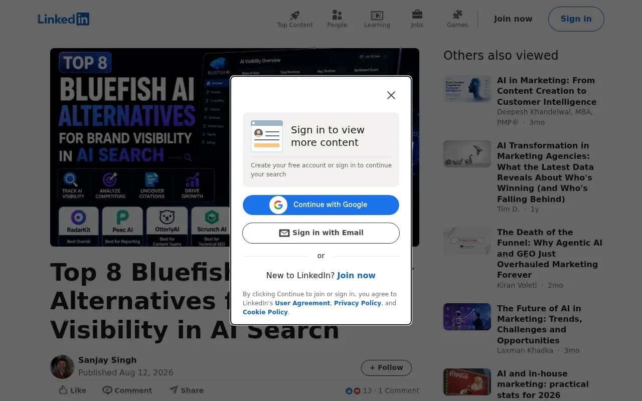 LinkedIn roundup of the top 8 Bluefish AI alternatives for brand visibility in AI search