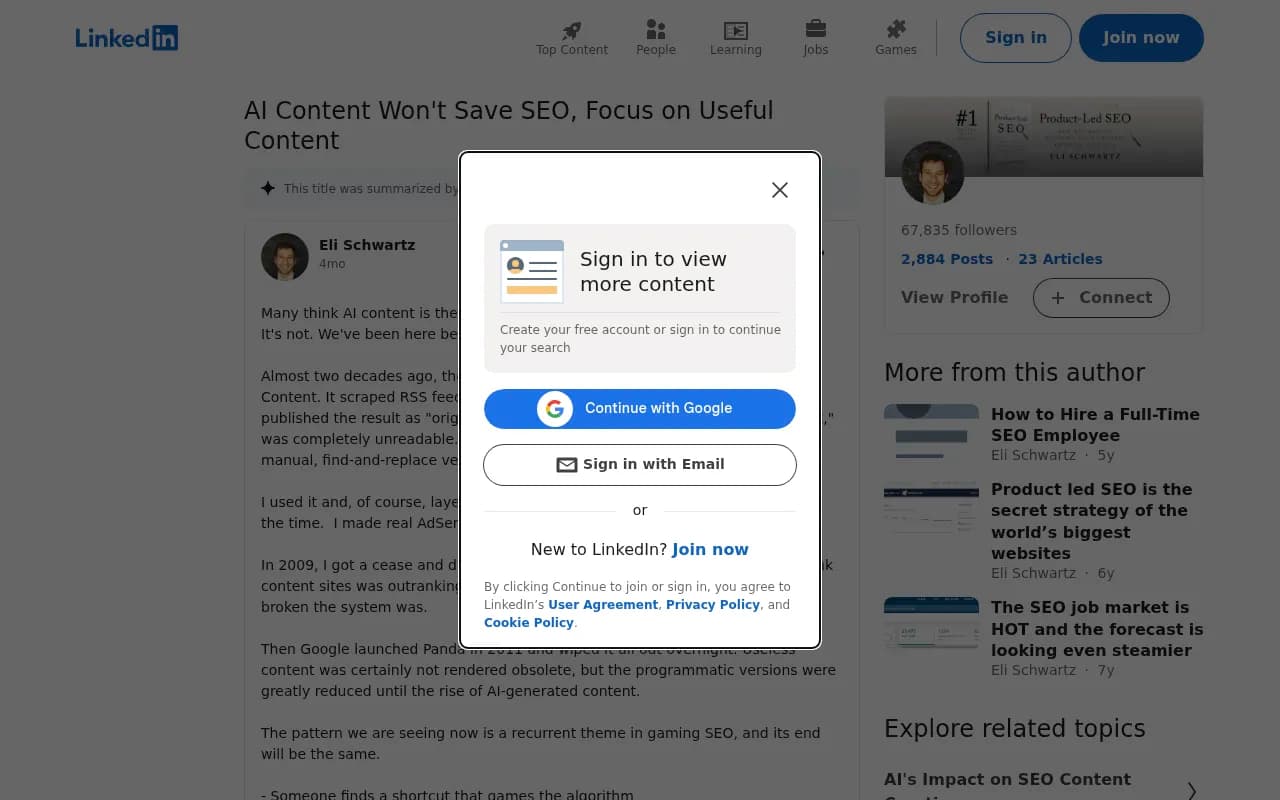 A LinkedIn post tracing the history of SEO spam trends from auto-generated templates through to AI-generated content