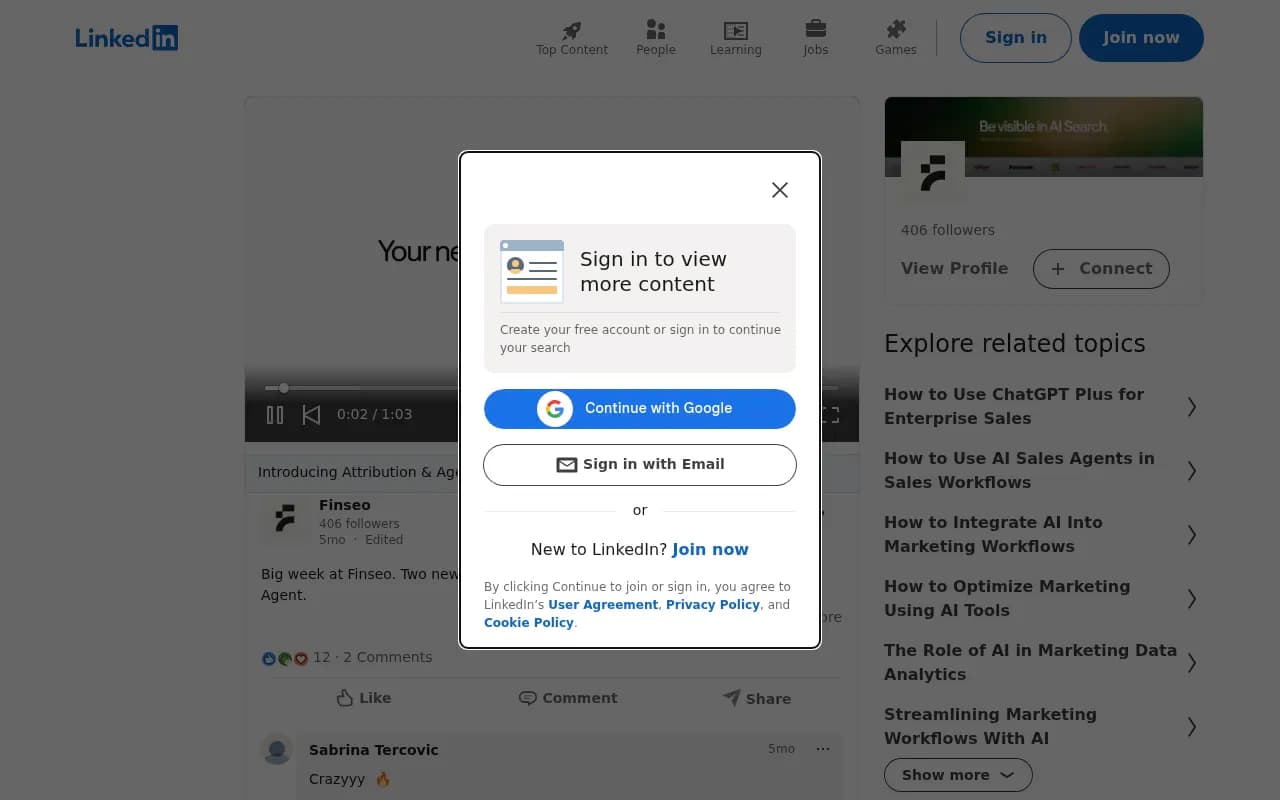LinkedIn post announcing Finseo's Attribution and Agent features