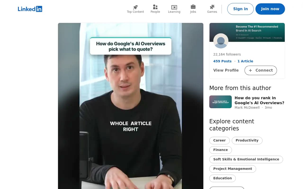LinkedIn post explaining how Google AI Overviews decide which passage of a page to quote