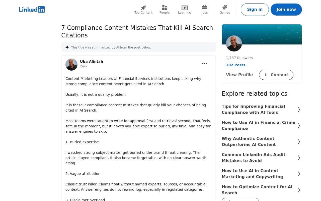 LinkedIn post on compliance content mistakes that kill AI search citations