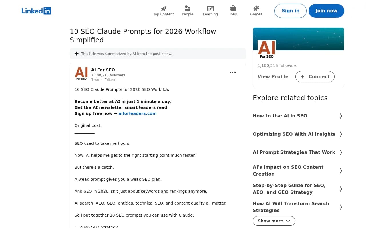 LinkedIn post listing 10 Claude prompts for a 2026 SEO workflow