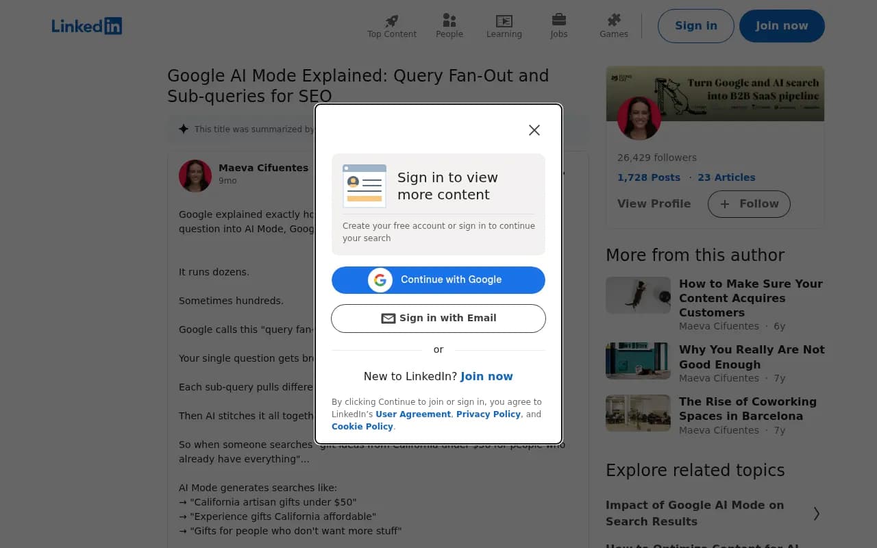 LinkedIn post summarizing how Google explained AI Mode query fan-out at I/O 2025
