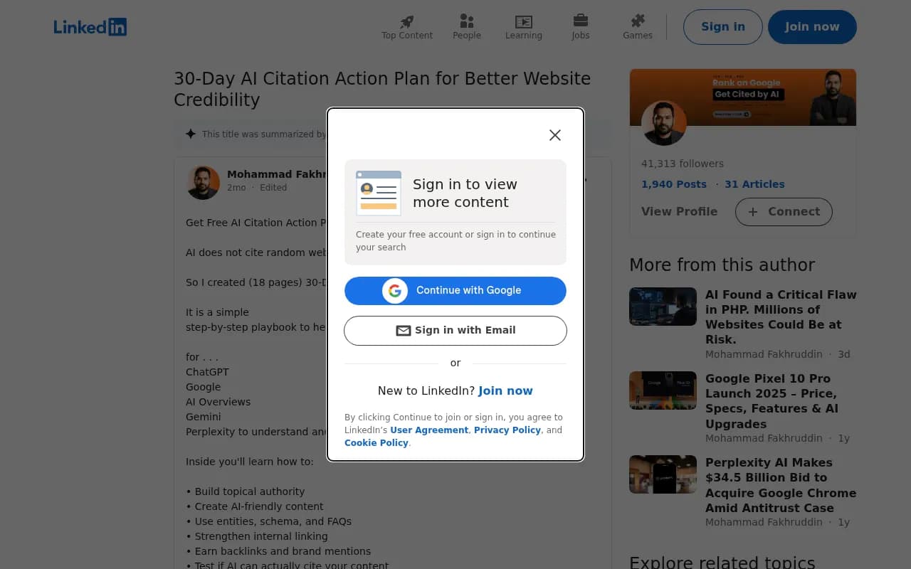 LinkedIn post describing a 30-day AI citation action plan and the step of testing whether AI can actually reference your content