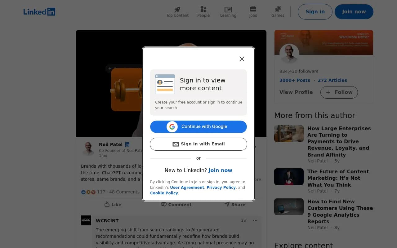 Neil Patel LinkedIn post on why brands with thousands of locations may not show up in AI search