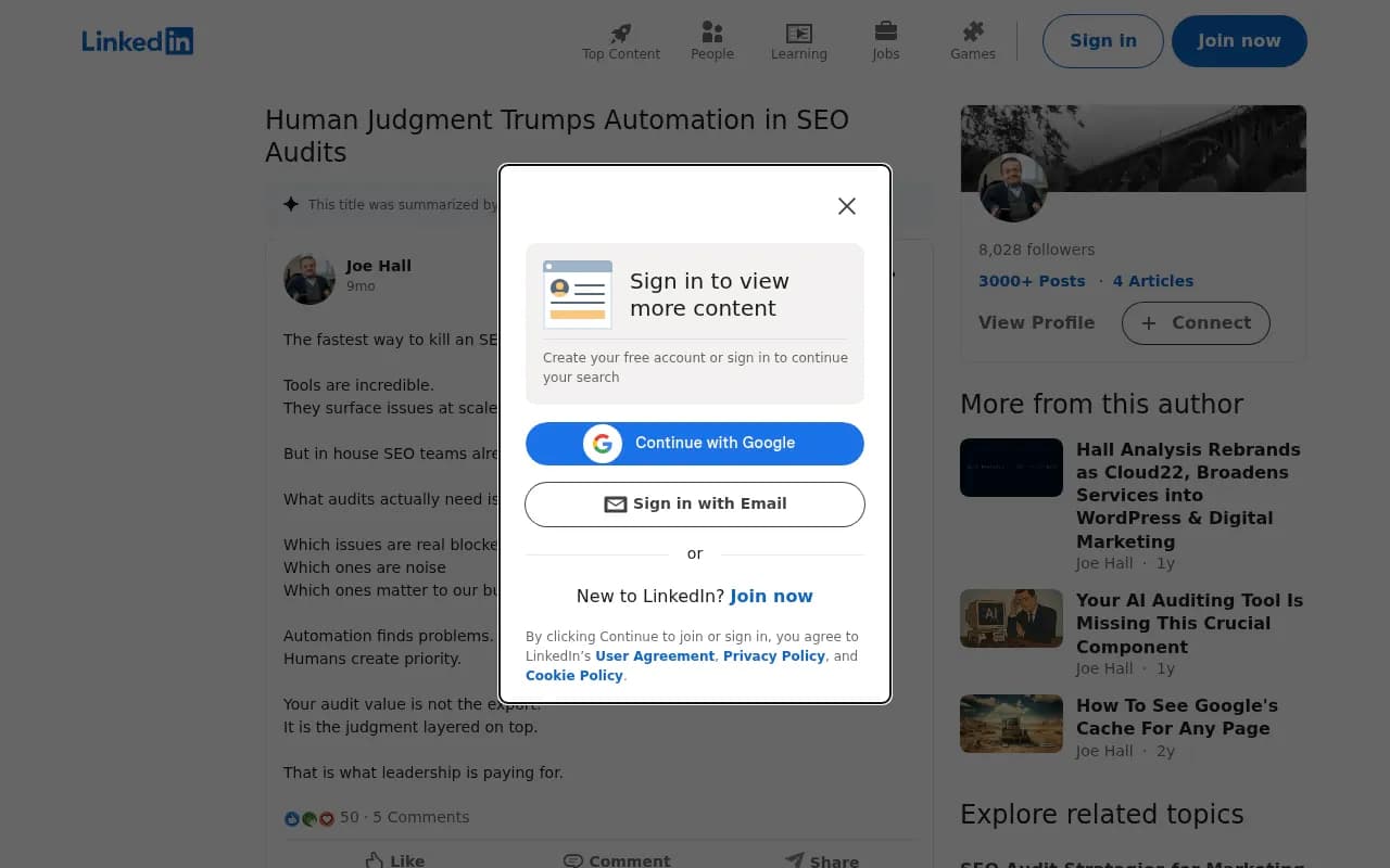 Joe Hall's LinkedIn post warning that over-automating an SEO audit kills its usefulness