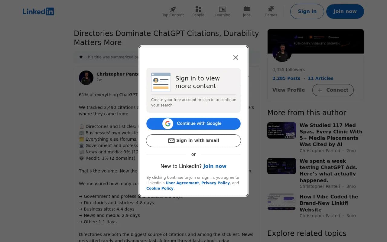 A LinkedIn post claiming 61% of ChatGPT citations are directories or best-of lists