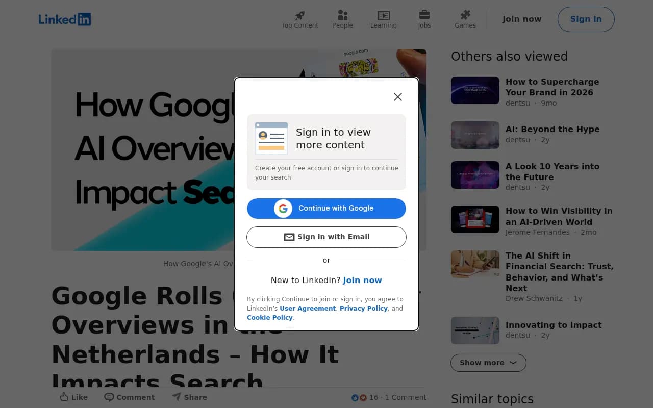A LinkedIn post discussing the rollout of Google AI Overviews in the Netherlands