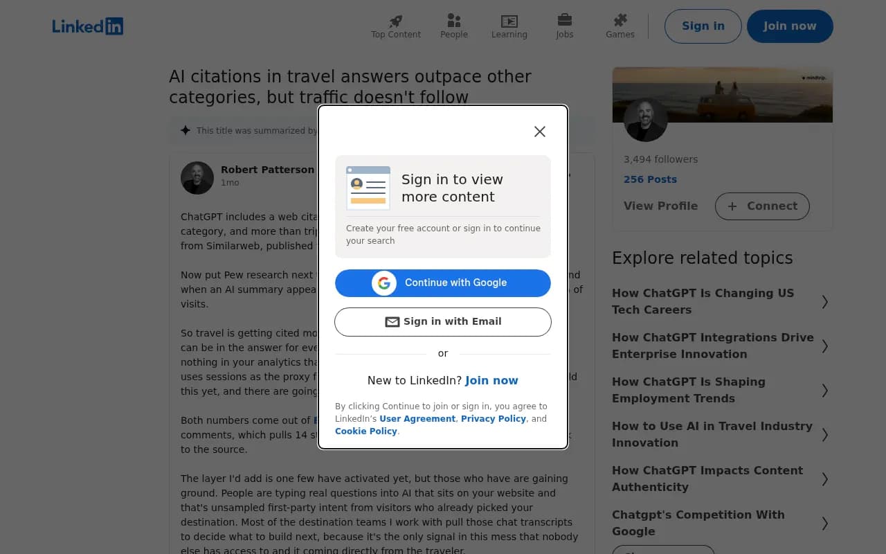 LinkedIn post on web citations in 22.6% of ChatGPT travel answers