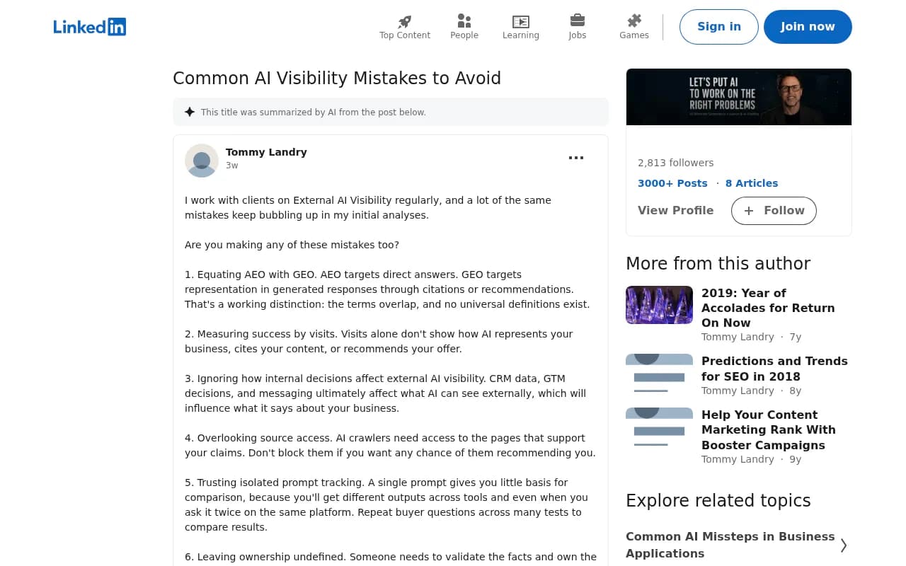 LinkedIn post listing common AI visibility mistakes, including equating AEO with GEO and measuring success by visits