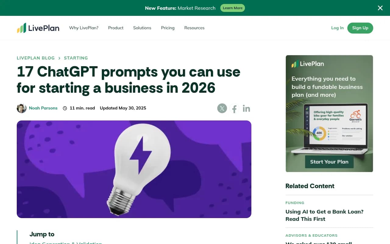 LivePlan's article on ChatGPT prompts for starting a business, an example of the usage-style prompt lists