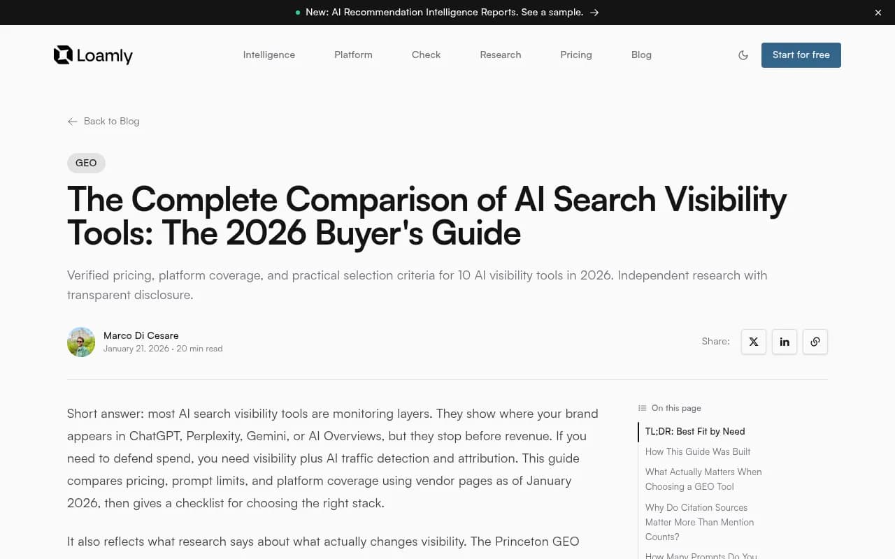 Comparison of AI visibility tools across the 2026 landscape from Loamly's buyer's guide