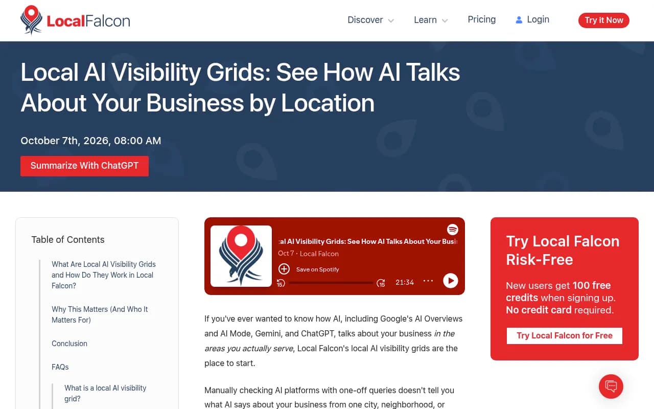 Local Falcon's announcement page for local AI visibility grids, describing location-level AI visibility reports
