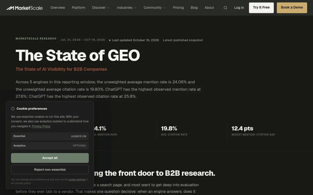 MarketScale's State of GEO report showing mention and citation rates across five AI engines