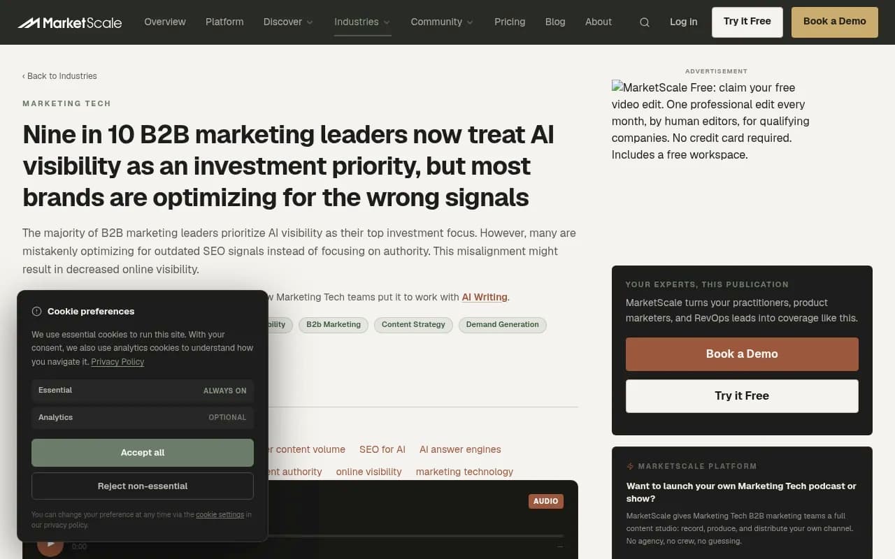 MarketScale article on B2B marketing leaders optimizing AI visibility for the wrong signals